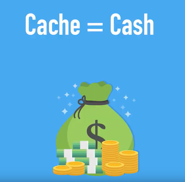 Cache equals cash, written over depiction of sack of money