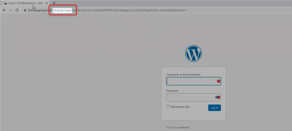 JHMG Blog WordPress Login page, with "/blog/wp-admin" highlighted in the URL