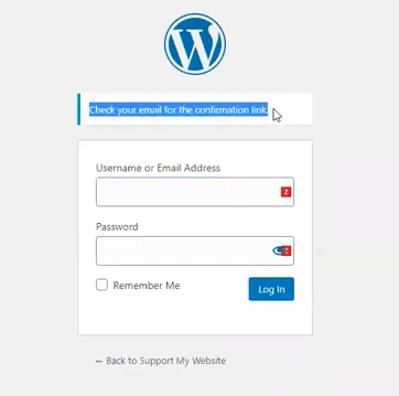 screenshot of page directing user to check email to continue WordPress password reset