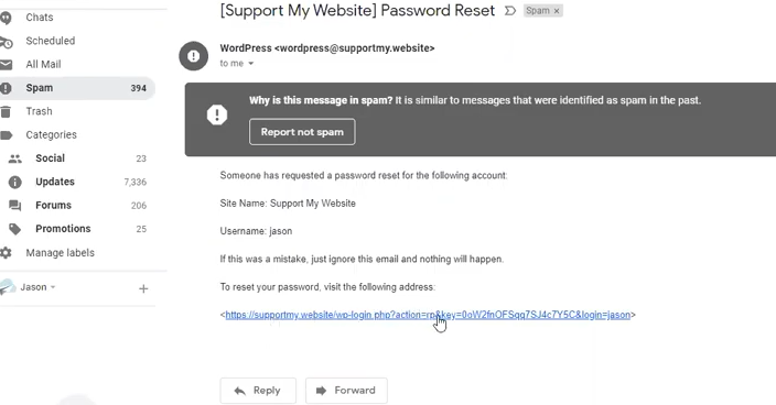 WordPress Password Reset email in Spam folder