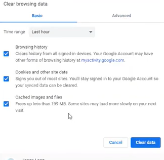 Isolated image of Clear browsing data menu in google chrome, options for clearing cache and more