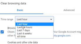 zoomed look at timeframe options for clearing cache in google chrome, clear browsing data menu