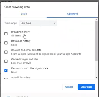 image of the top two-thirds of the 'advanced' tab in the clear browsing data menu in google chrome