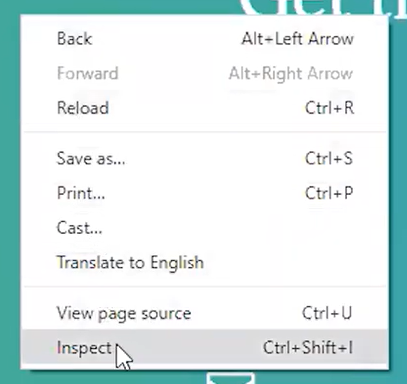 zoomed image of the right-click menu in google chrome, 'inspect' option highlighed