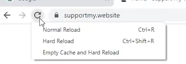 'more options' shown under refresh button in google chrome with developers' tools open: Normal Reload, Hard Reload, Empty Cache and Hard Reload