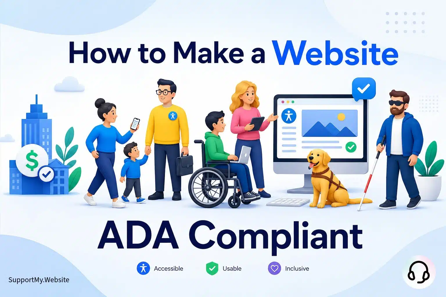 Illustration of diverse people using accessible technology with a webpage showing ADA compliance checks.
