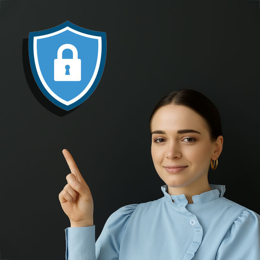 woman-pointing-at-icon-shield woman-looking-at-laptop