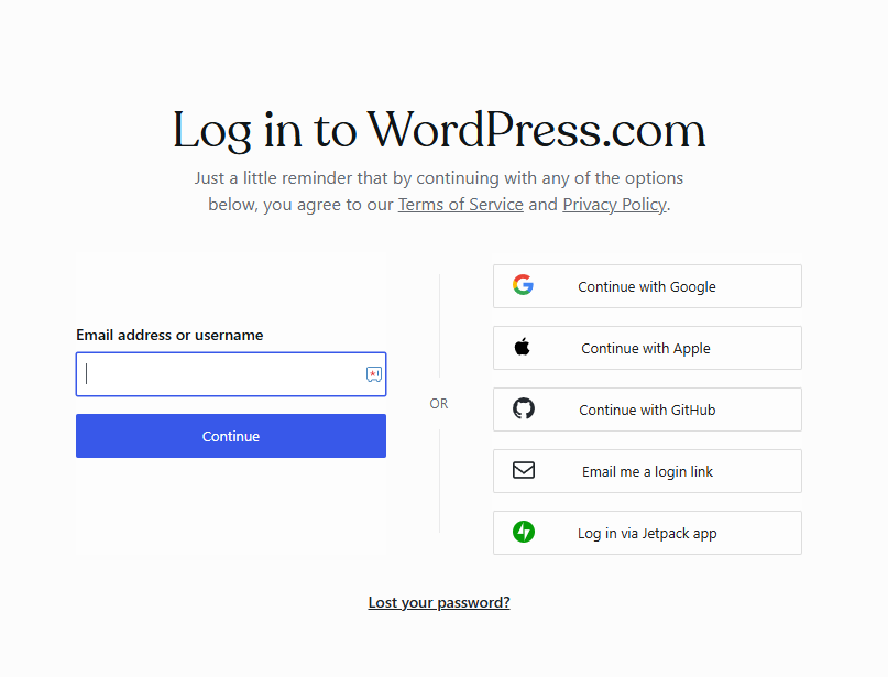 Login to WordPress landing page. This is what the login page should look like to access WordPress Customer Service areas.