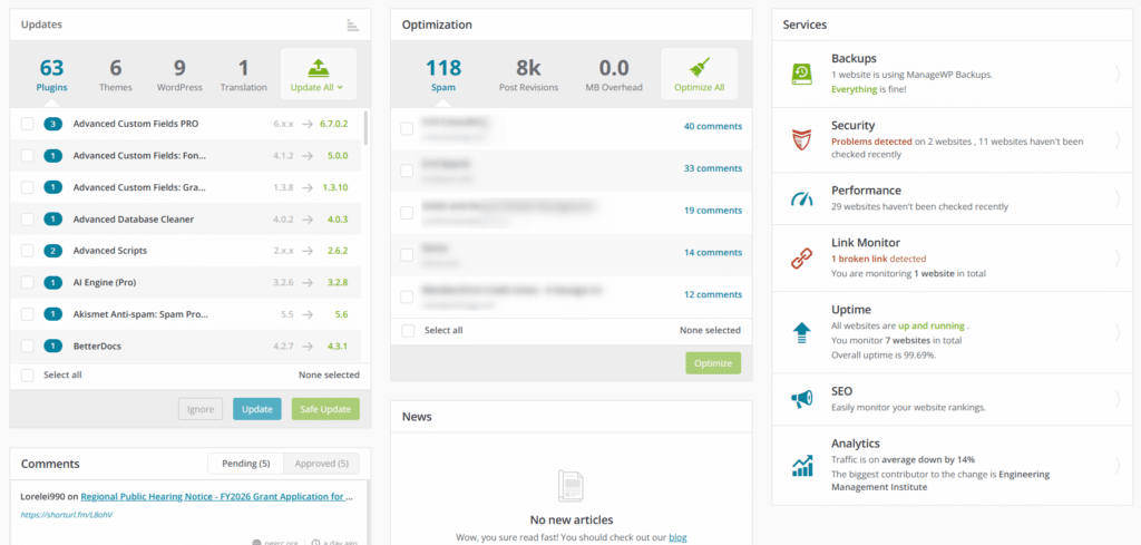 ManageWP.com is a tool commonly used by maintenance companies to manage WordPress websites.