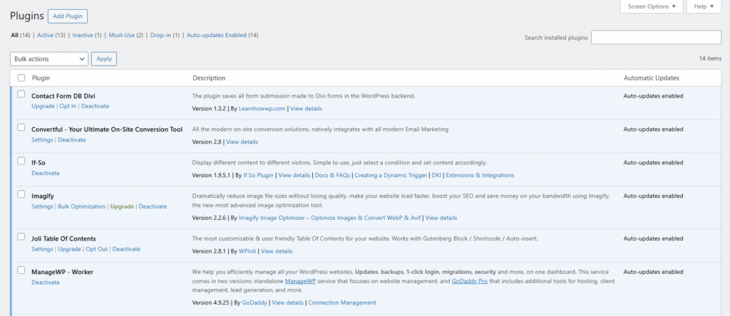 Regularly updating plugins is a core aspect of website maintenance in WordPress. This is a screenshot of the plugins page in WordPress.