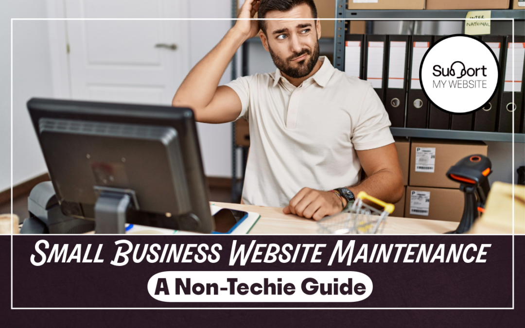 Small business owner looking confused at his small website maintenance service as he looks at his computer while managing website maintenance for small business in office setting