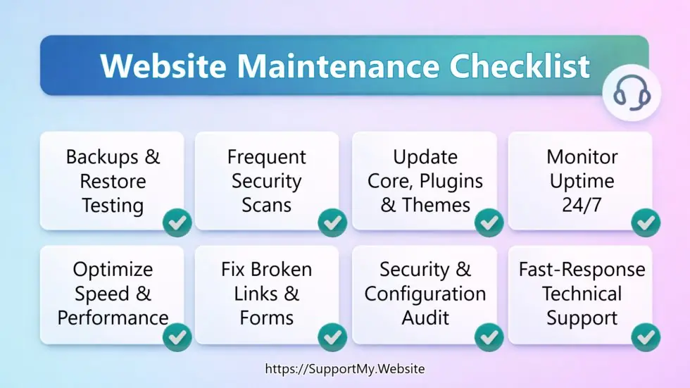 Infographic listing eight website maintenance tasks including backups, security scans, updates, uptime monitoring, speed optimization, broken link fixes, audits, and technical support.