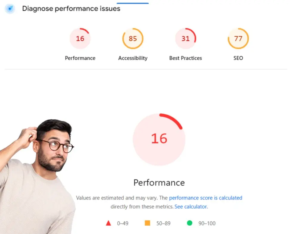 Man contemplating the Google website performance analysis results.