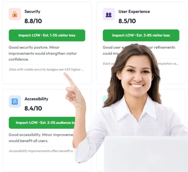 Person pointing at three evaluation cards for security, user experience, and accessibility.