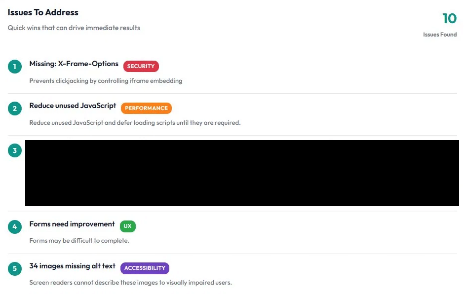 Free website assessment report listing four named issues with category labels: security, performance, UX, and accessibility.