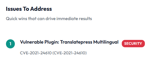 A website security assessment done by SupportMy.Website showing a vulnerable WordPress plugin, TranslatePress Multilingual, flagged with CVE‑2021‑24610, used as an example of WordPress site maintenance and identifying plugin vulnerabilities. 