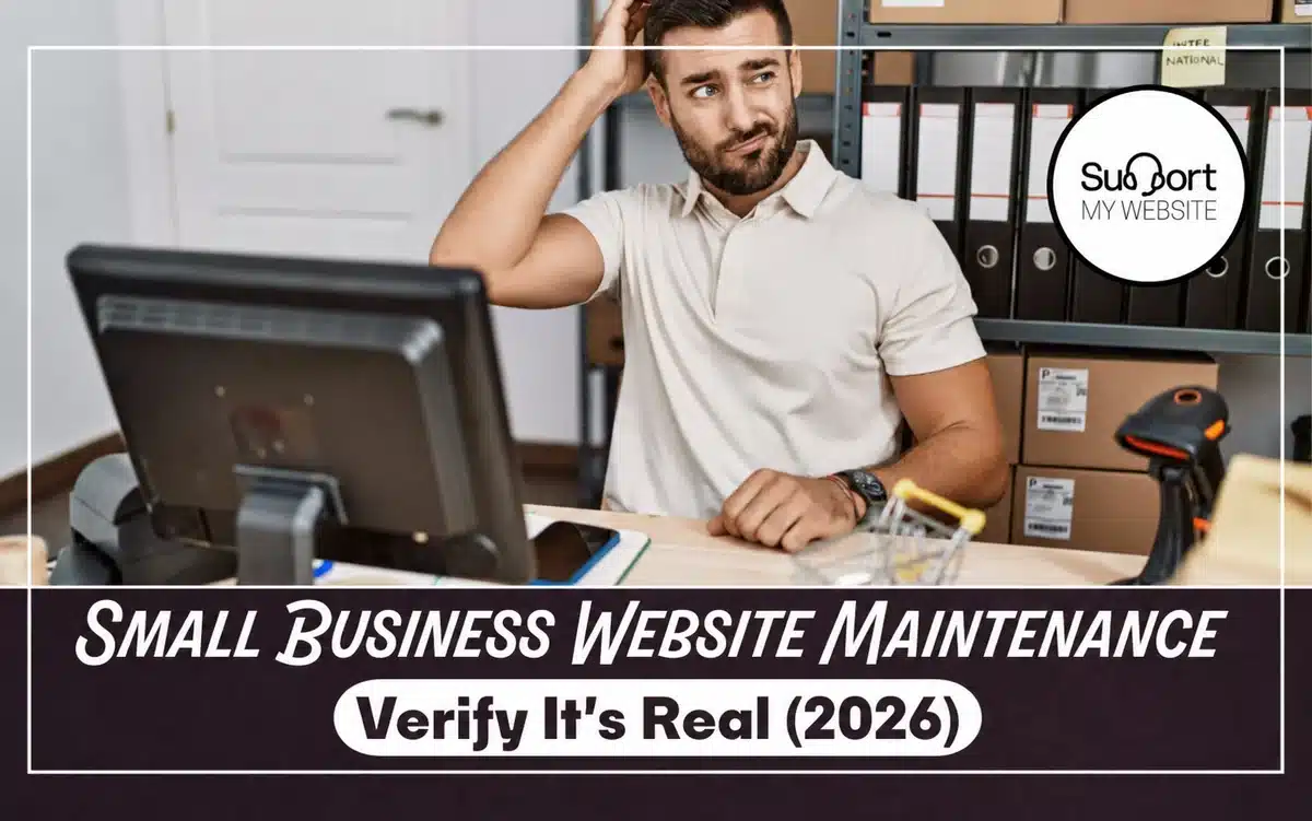 A confused business owner scratching his head while looking at a computer monitor, representing the challenges of website maintenance for small business.