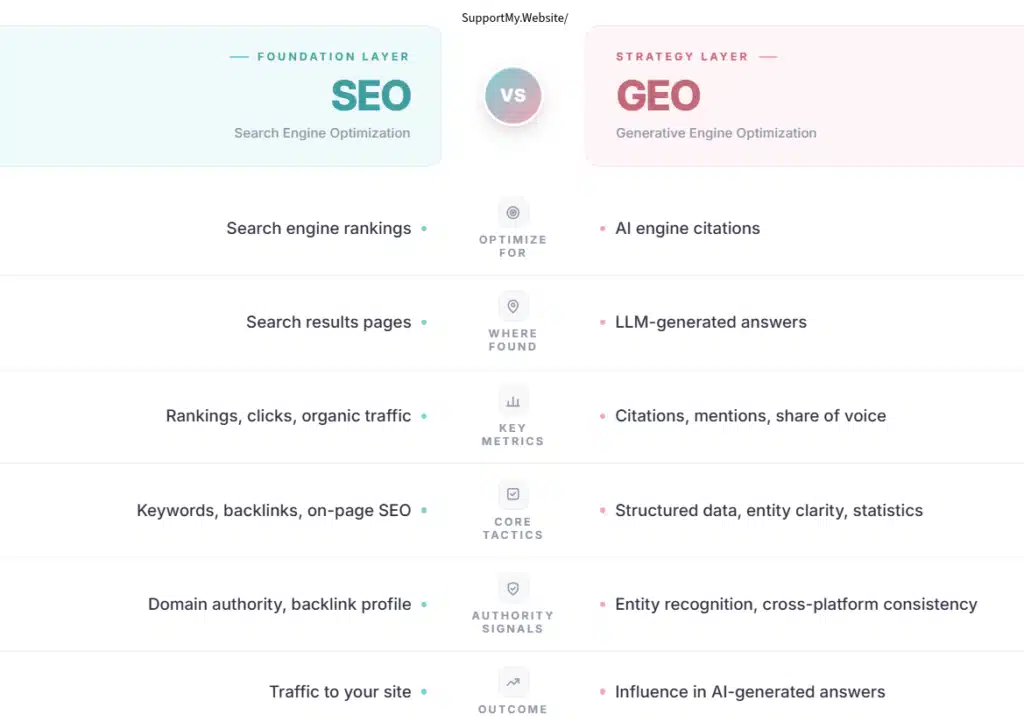Side-by-side comparison chart of SEO vs GEO, detailing the differences in optimization goals, key metrics, core tactics, and outcomes.